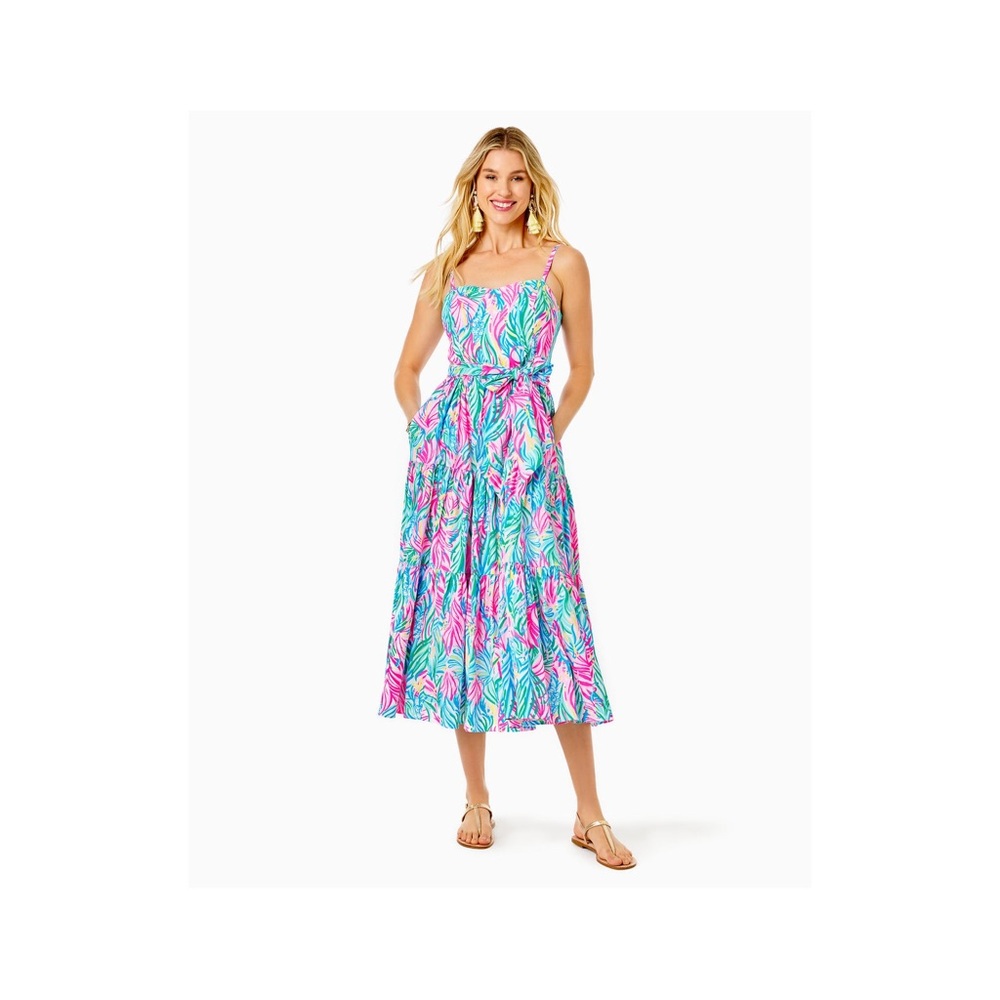 Lilly Pulitzer Pink Turquoise Palm-Print Midi Dress